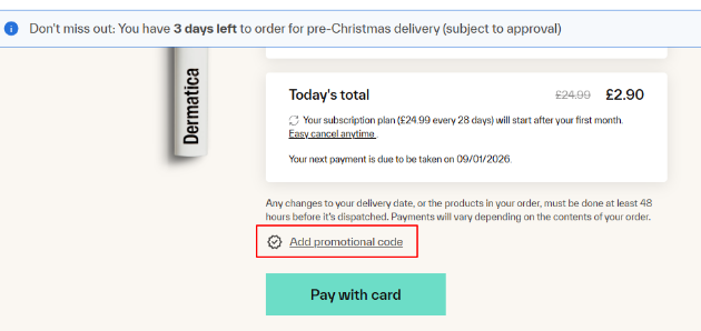 checkout page for promotional code to be redeemed at Dermatica