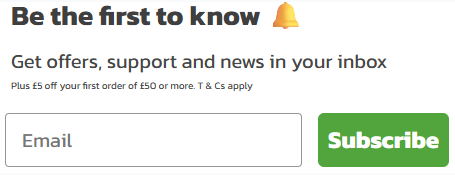 Newsletter banner offering £5 off £50+ orders with email sign-up