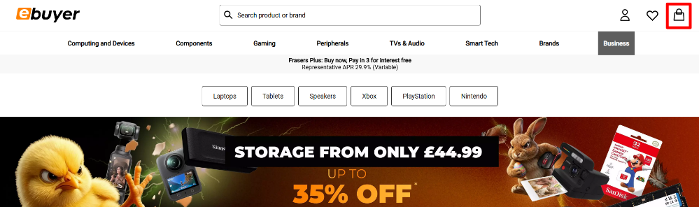 The Ebuyer.com website and the shopping categories, with the shopping cart highlighted with a red box