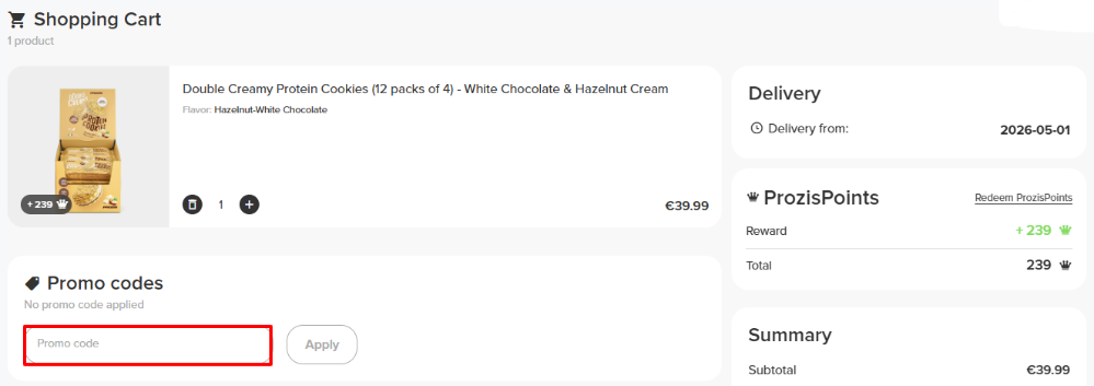 Prozis promo code box in the checkout page highlighted by a red box