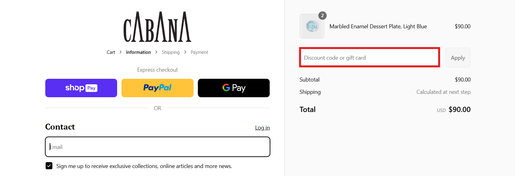 carrello della piattaforma ufficiale Cabana Magazine dove poter inserire il codice sconto Cabana Magazine nell'apposito spazio contornato di rosso