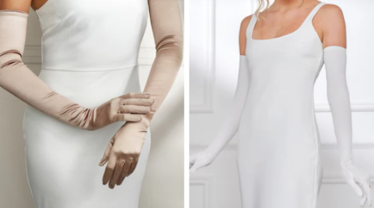 Cornelia James gloves with white dresses worn by 2 female models