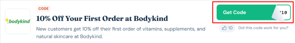 A Bodykind discount code with "Get Code" in a red box