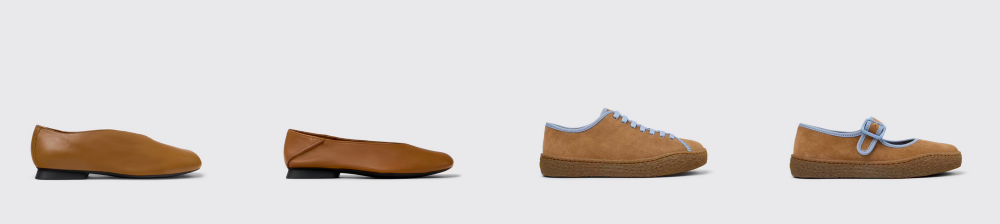 Camper women’s leather and suede shoes in neutral tones, featuring minimalist flats, lace-up trainers, and Mary Jane styles for the autumn-winter collection.