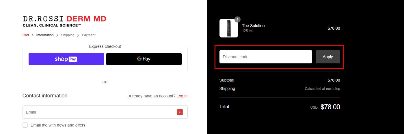 How do I use my Dr. Rossi DERM MD discount code?
