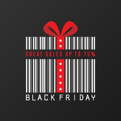 Regalo de black friday sobre fondo negro con cupón de viernes negro y lazo rojo por encima