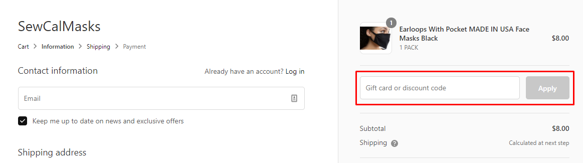 How do I use my SewCal Masks discount code?