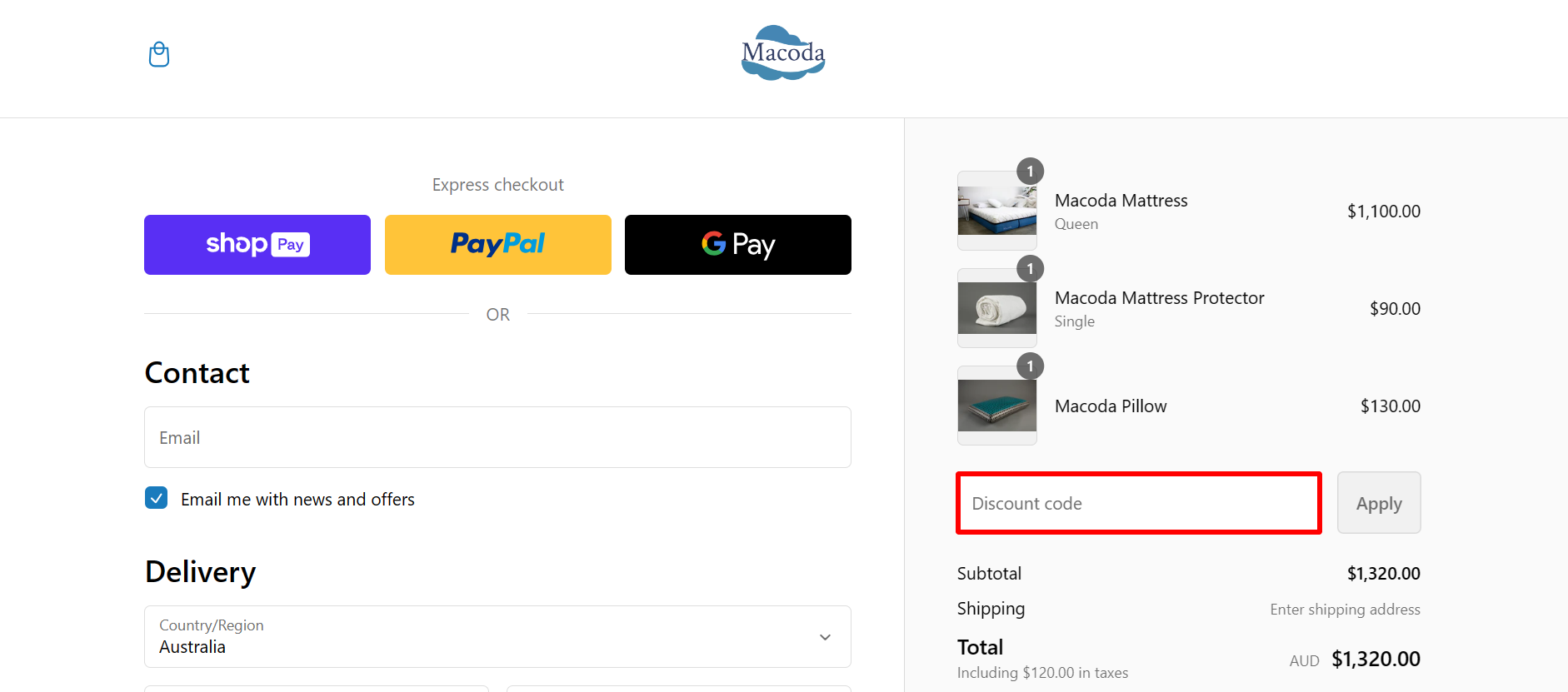The highlighted red box at the brand checkout page is showing where to add the Macoda discount code.