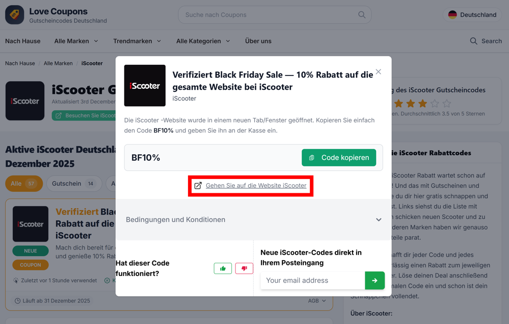Ein offener Rabattcode zu iScooter mit rotmarkiertem Link auf der Love Coupons-Seite