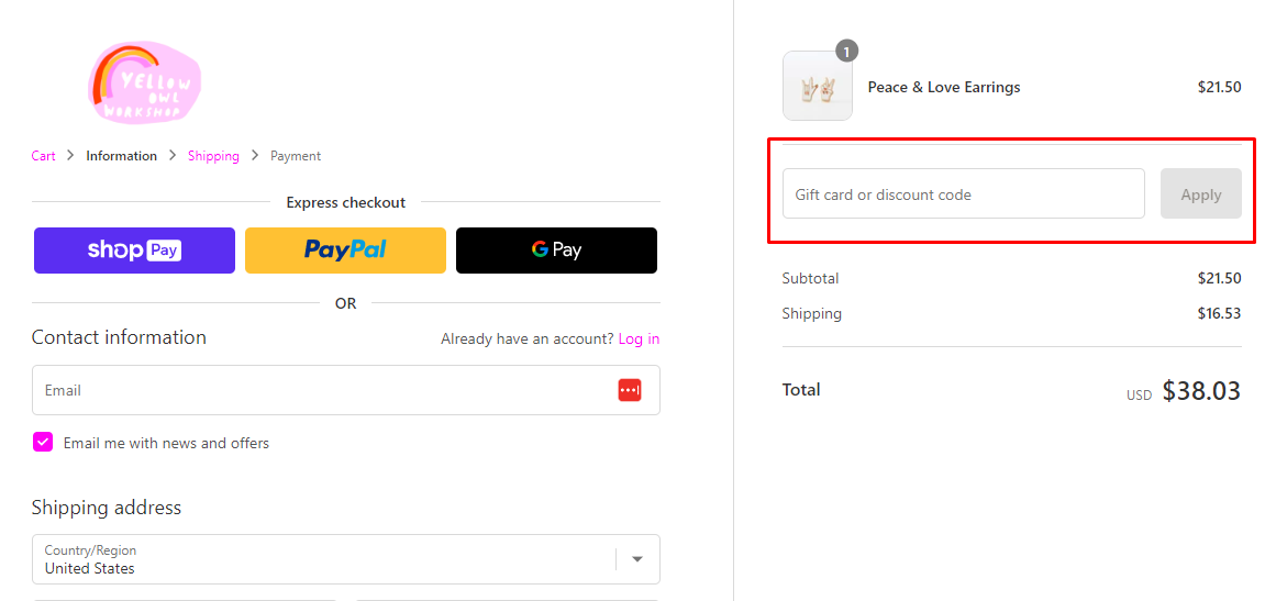 How do I use my Yellow Owl Workshop discount code?