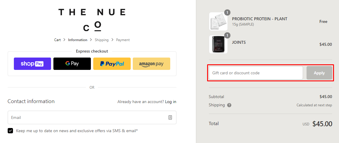 How do I use my The Nue Co. discount code?