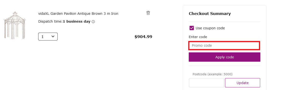 The brand checkout page with where to add the vidaXL coupon code highlighted with a red box