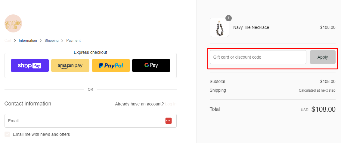 How do I use my Sunshine Tienda discount code?
