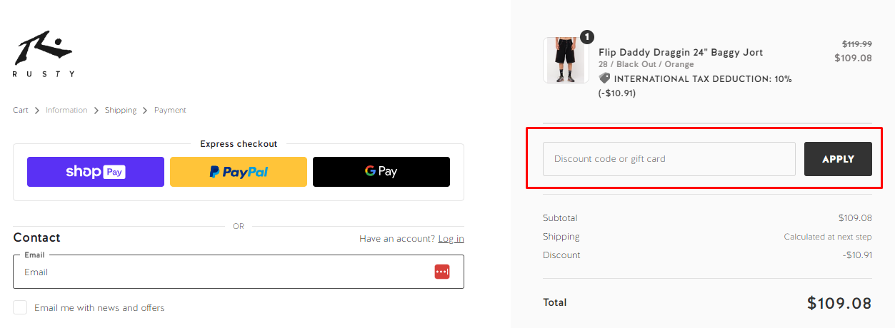 How do I use my Rusty discount code?