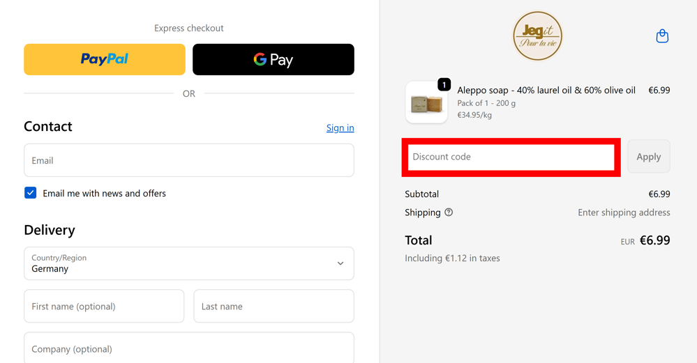 Checkout von Jegit - Pour La Vie mit rotmarkiertem Eingabefeld für Gutscheine