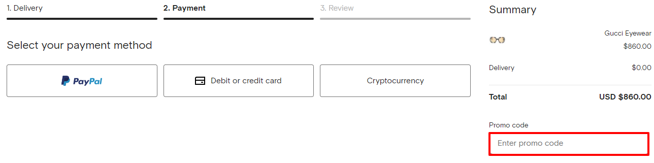 The brand checkout page with where to add the Farfetch promo code highlighted with a red box