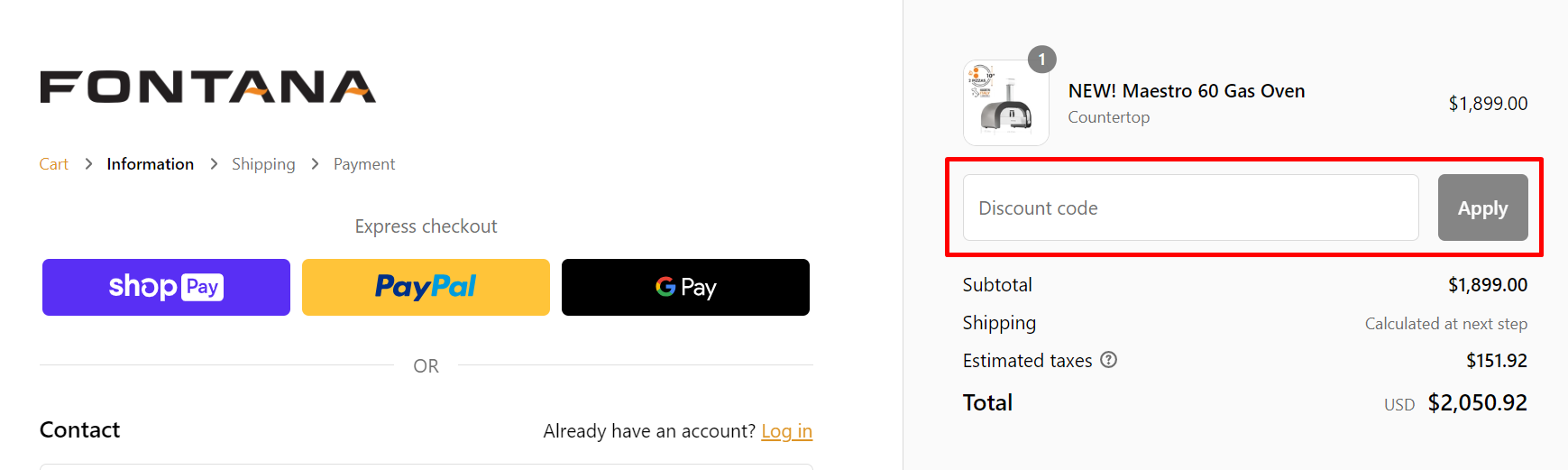 How do I use my Fontana Forni discount code?