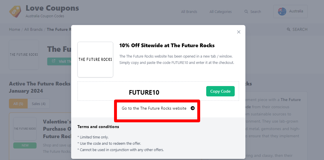Box displayed on a darkened background of a The Future Rocks coupon code with the terms and conditions showing
