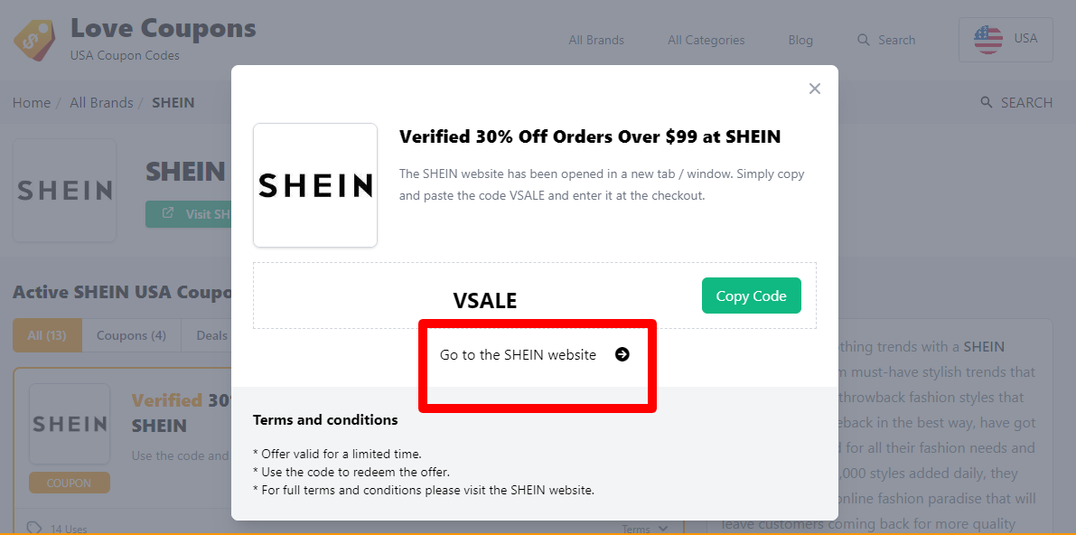 Box displayed on a darkened background of a SHEIN promo code with the terms and conditions showing
