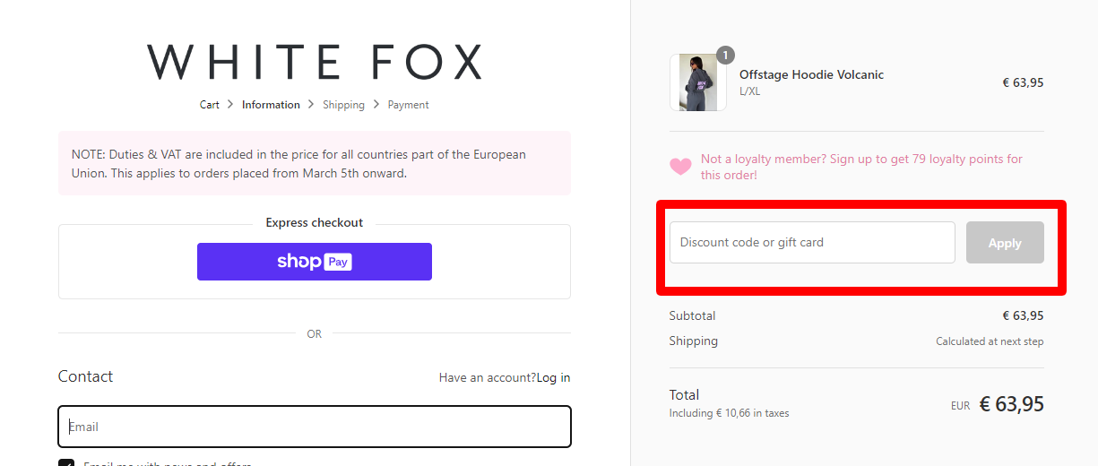 The brand checkout page with where to add the White Fox discount code is highlighted with a red box