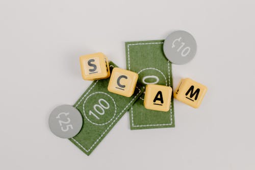 The word "scam" written on top of surrounded by money