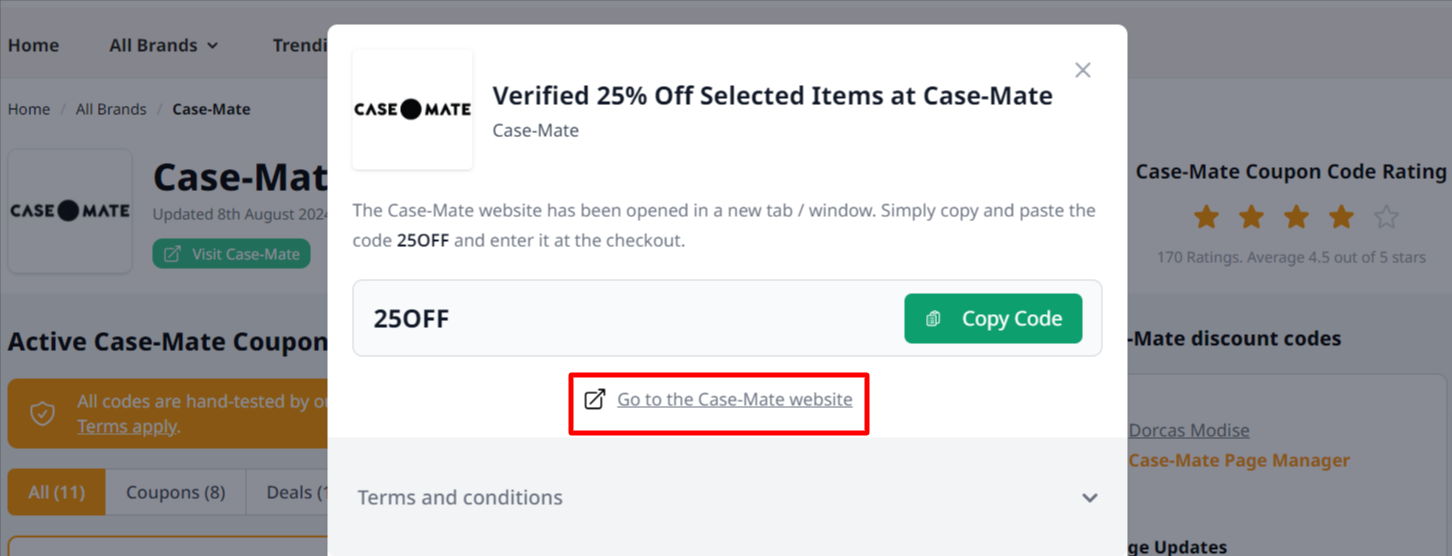 Box displayed on a darkened background of a Case-Mate promo code with the terms and conditions showing