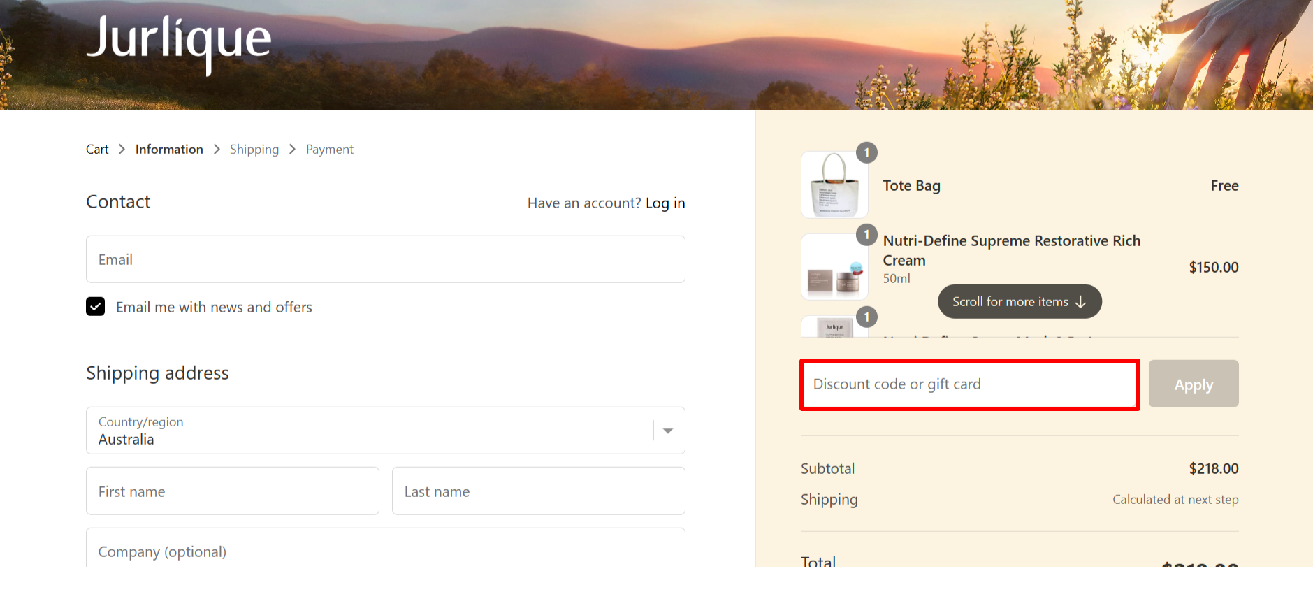 The highlighted red box at the brand checkout page is showing where to add the Jurlique discount code.