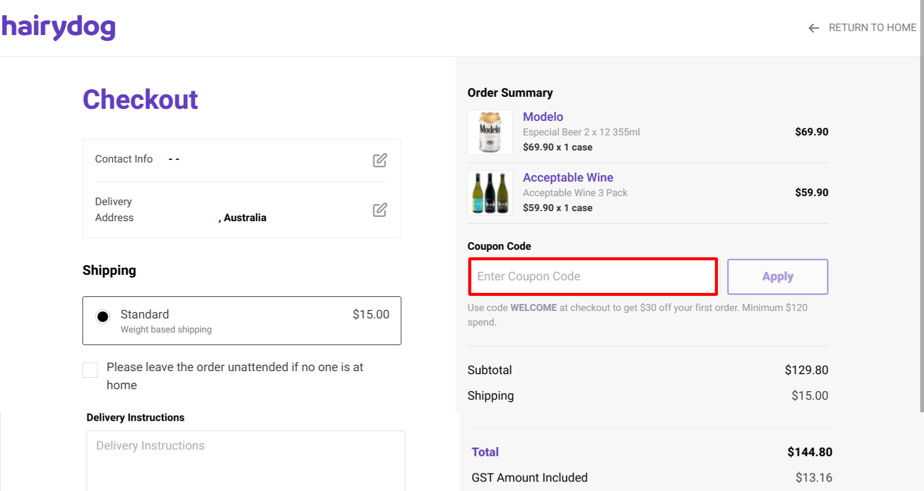 The brand checkout page with where to add the HAIRYDOG discount code highlighted with a red box