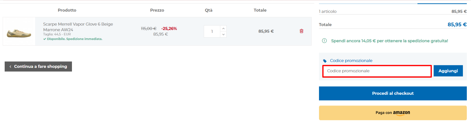 carrello del sito ufficiale 365rider dove inserire il coupon 365rider e attuare lo sconto