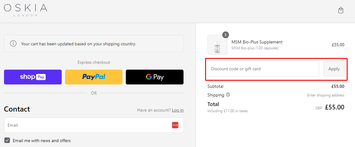 How do I use my OSKIA discount code?