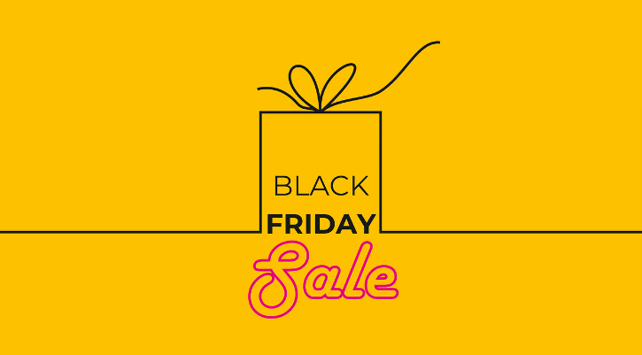 fondo amarillo con regalo y eslogan de sale de black friday y código descuento de viernes negro
