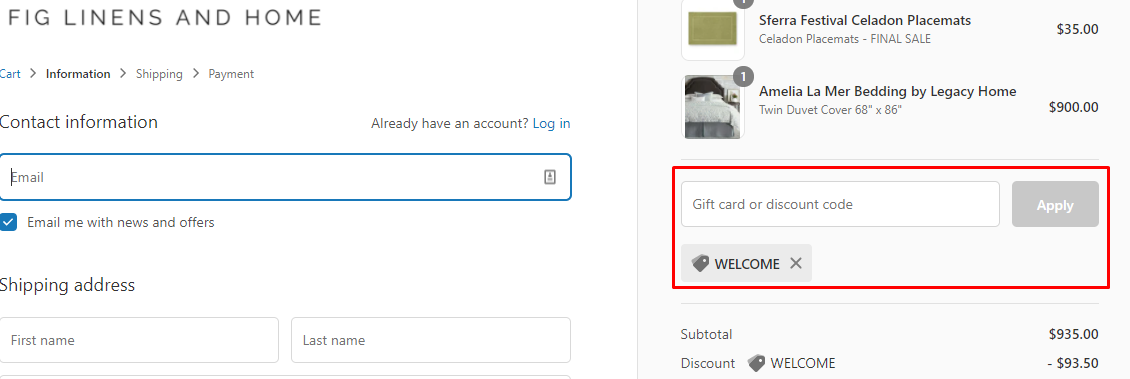 How do I use my Fig Linens and Home discount code?