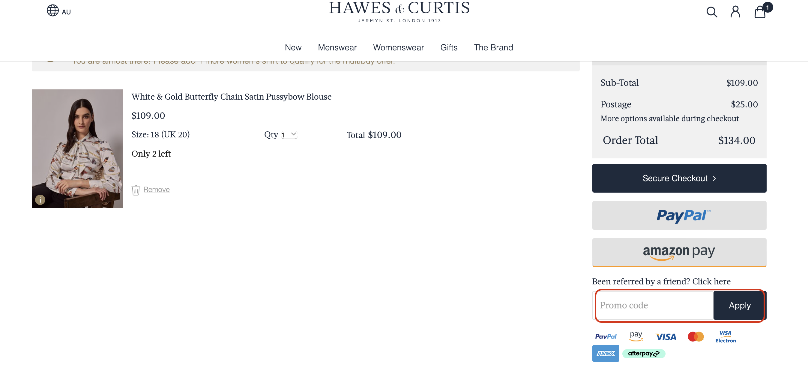 The highlighted red box at the brand checkout page is showing where to add the Hawes and Curtis coupon code.