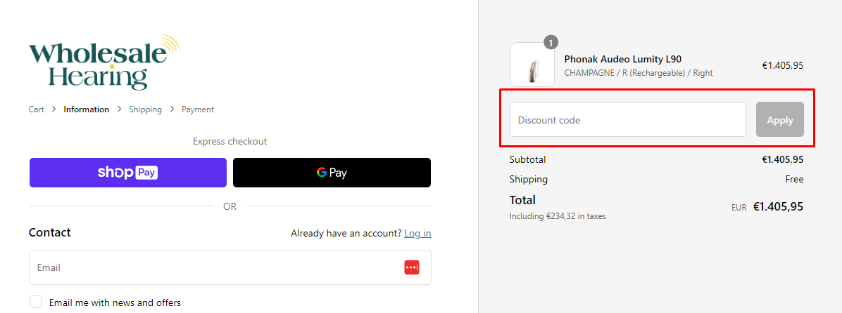 How do I use my Wholesale Hearing discount code?