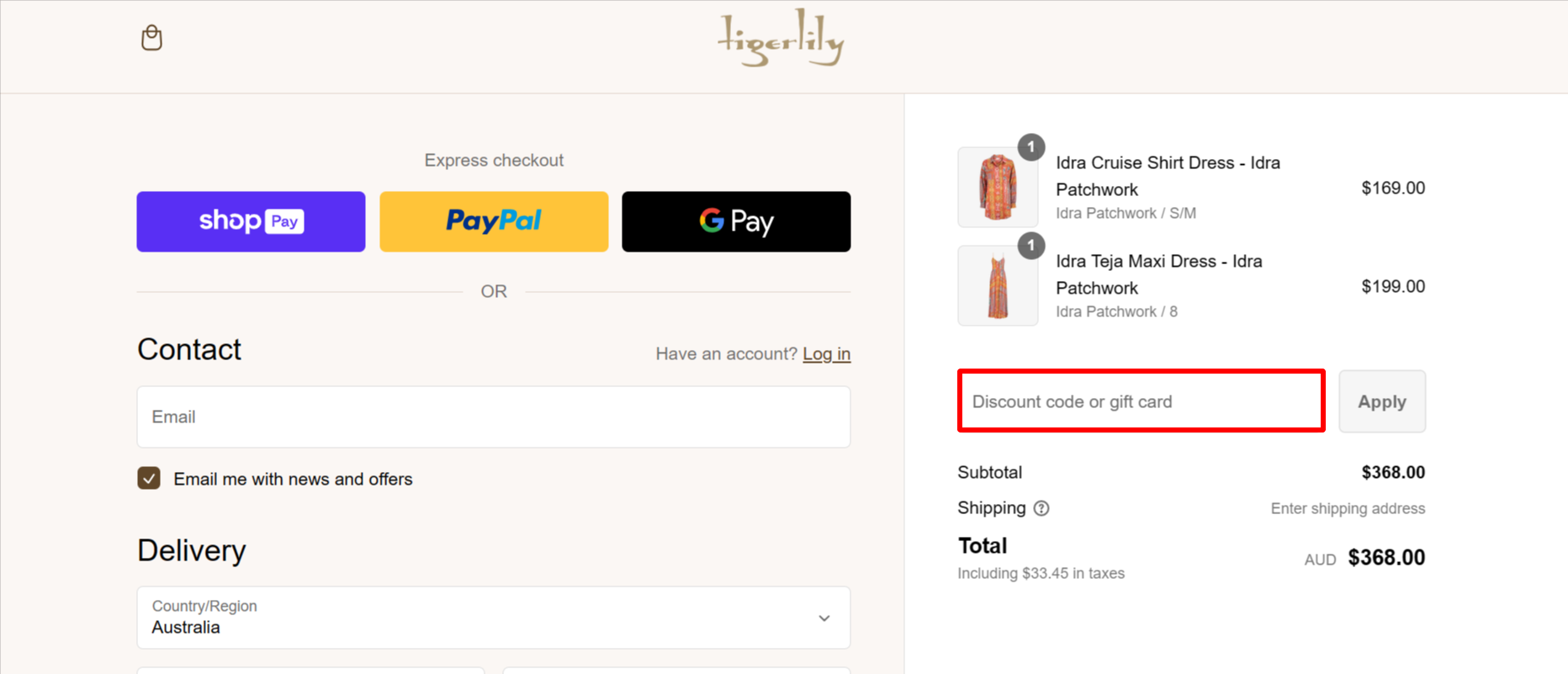 The highlighted red box at the brand checkout page is showing where to add the Tigerlily discount code.