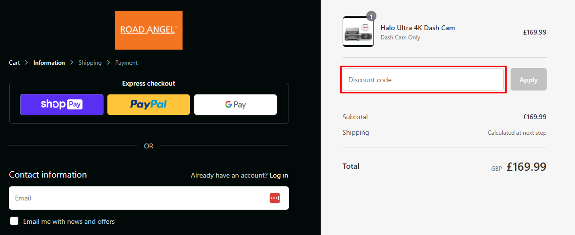 How do I use my Road Angel Discount code?