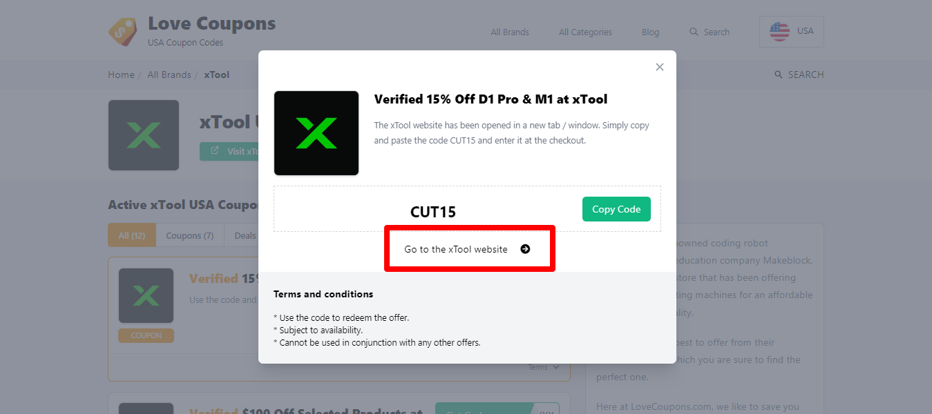 box hovering over a darkened background with a xTool discount code and the “terms and conditions”