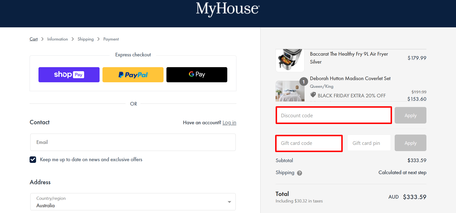 The highlighted red box at the brand checkout page is showing where to add the MyHouse discount code.