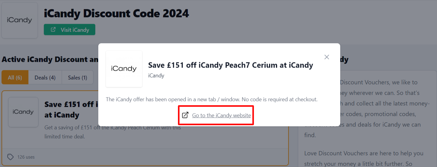 Box displayed on a darkened background of a iCandy discount code with the terms and conditions showing