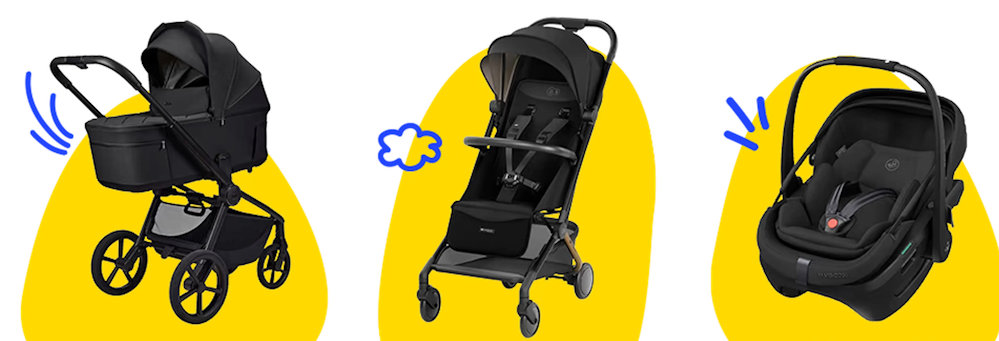 Ein Kinderwagen, Buggy und eine Babyschale auf weißem Hintergrund mit gelben Flecken