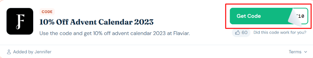A Flaviar voucher code with "Get Code" in a red box