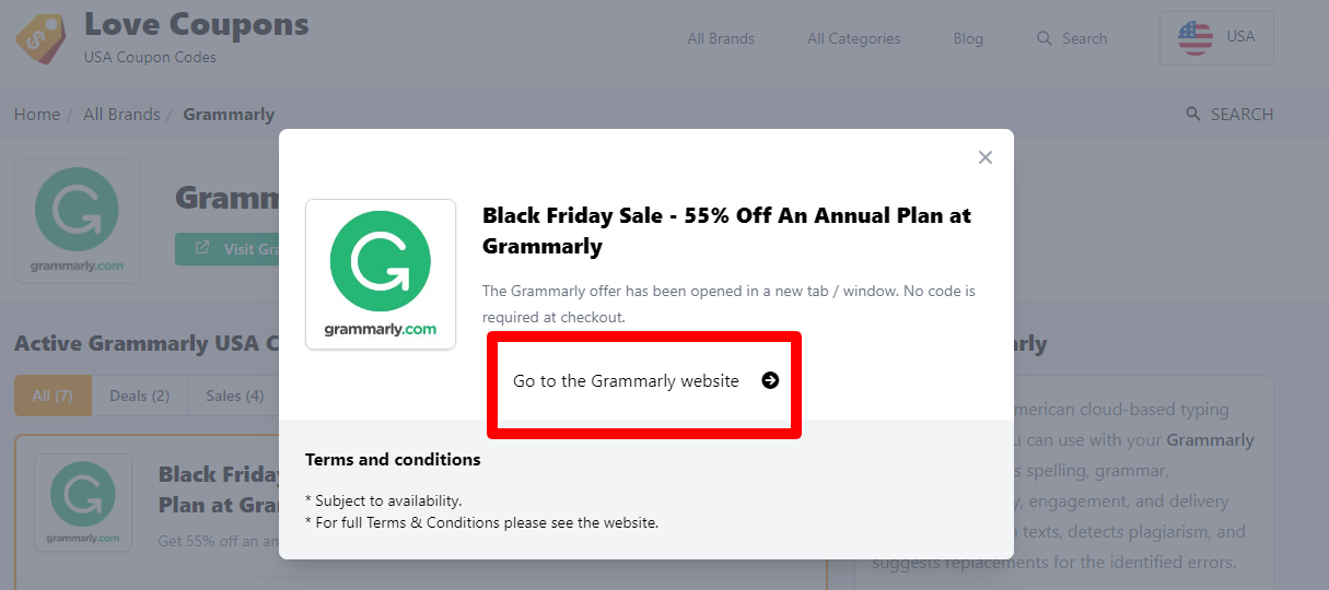 Box displayed on a darkened background of a Grammarly discount with the terms and conditions showing