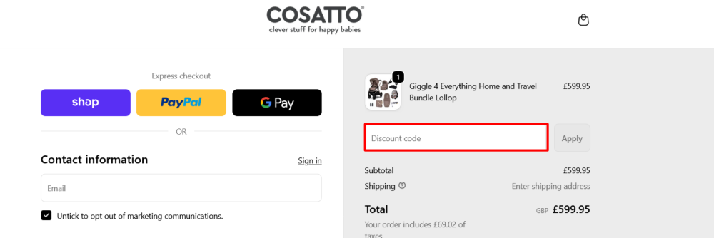 The checkout page showing where to apply your Cosatto discount code