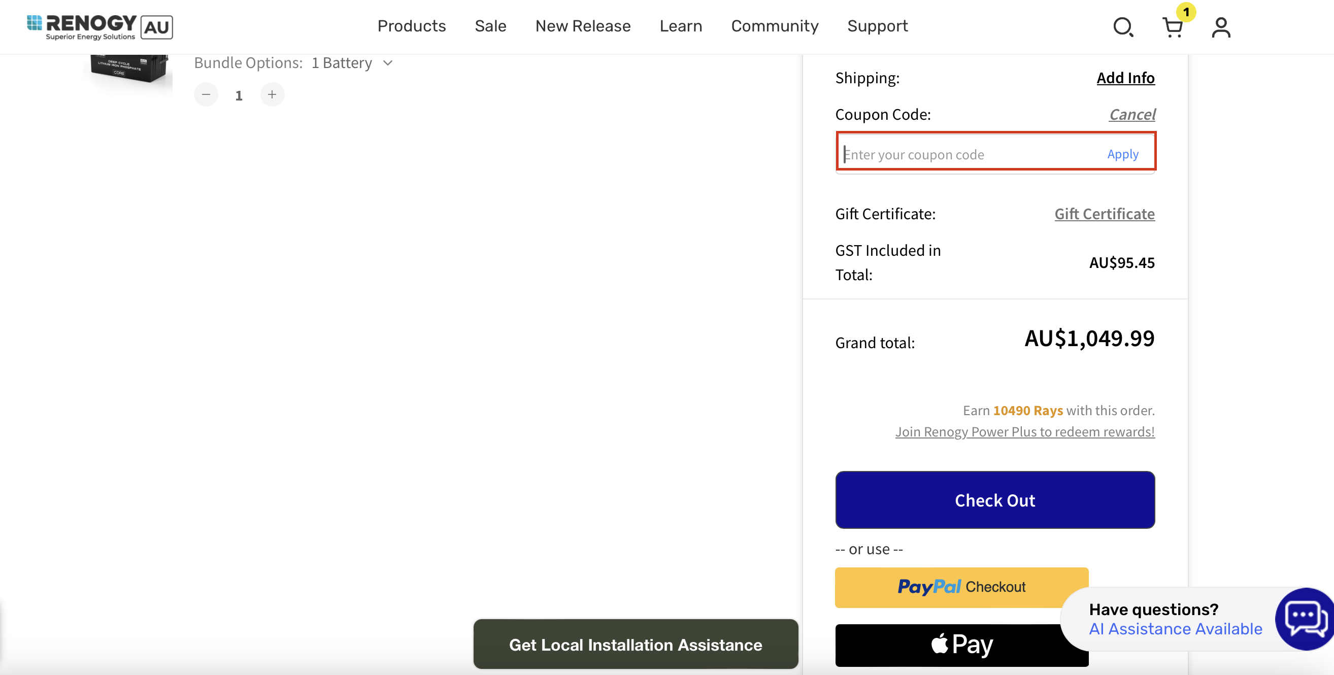 Image: The highlighted red box at the brand checkout page is showing where to add the Renogy coupon code. The highlighted red box at the brand checkout page is showing where to add the Renogy coupon code.