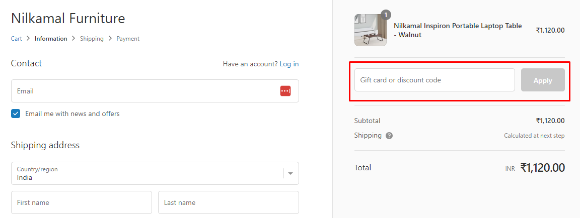 How do I use my Nilkamal discount code?