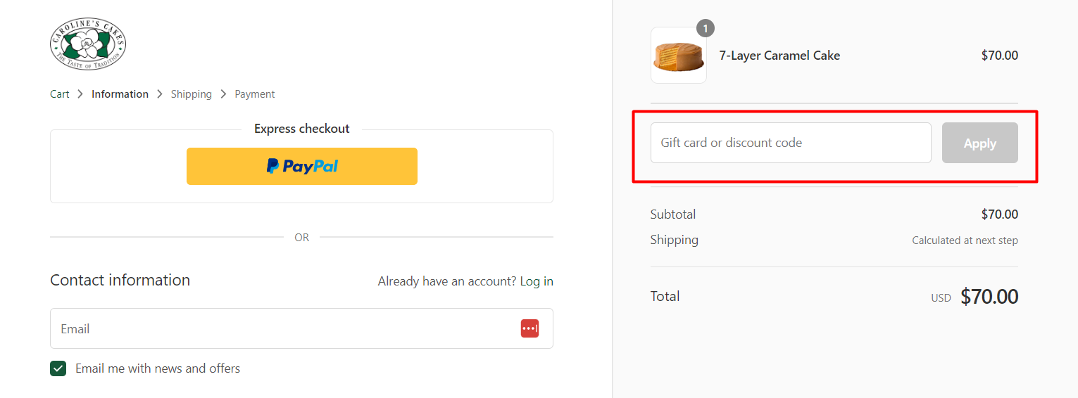 How do I use my Caroline's Cakes discount code?
