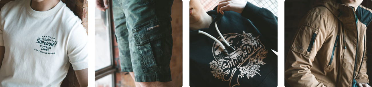 Superdry most popular category items - t-shirts, jackets, sweats, hoodies and shorts