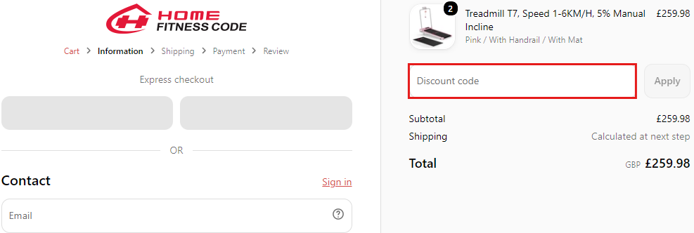 Home Fitness Code checkout page