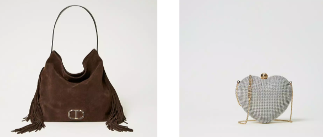 Eine braune Tasche und eine herzförmige Taschen daneben im heller Farbrichtung
