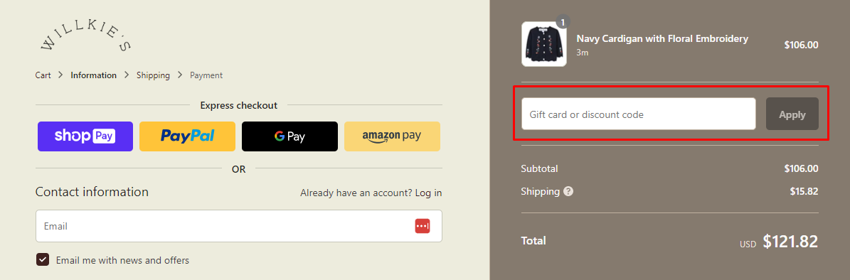 How do I use my Willkie's discount code?